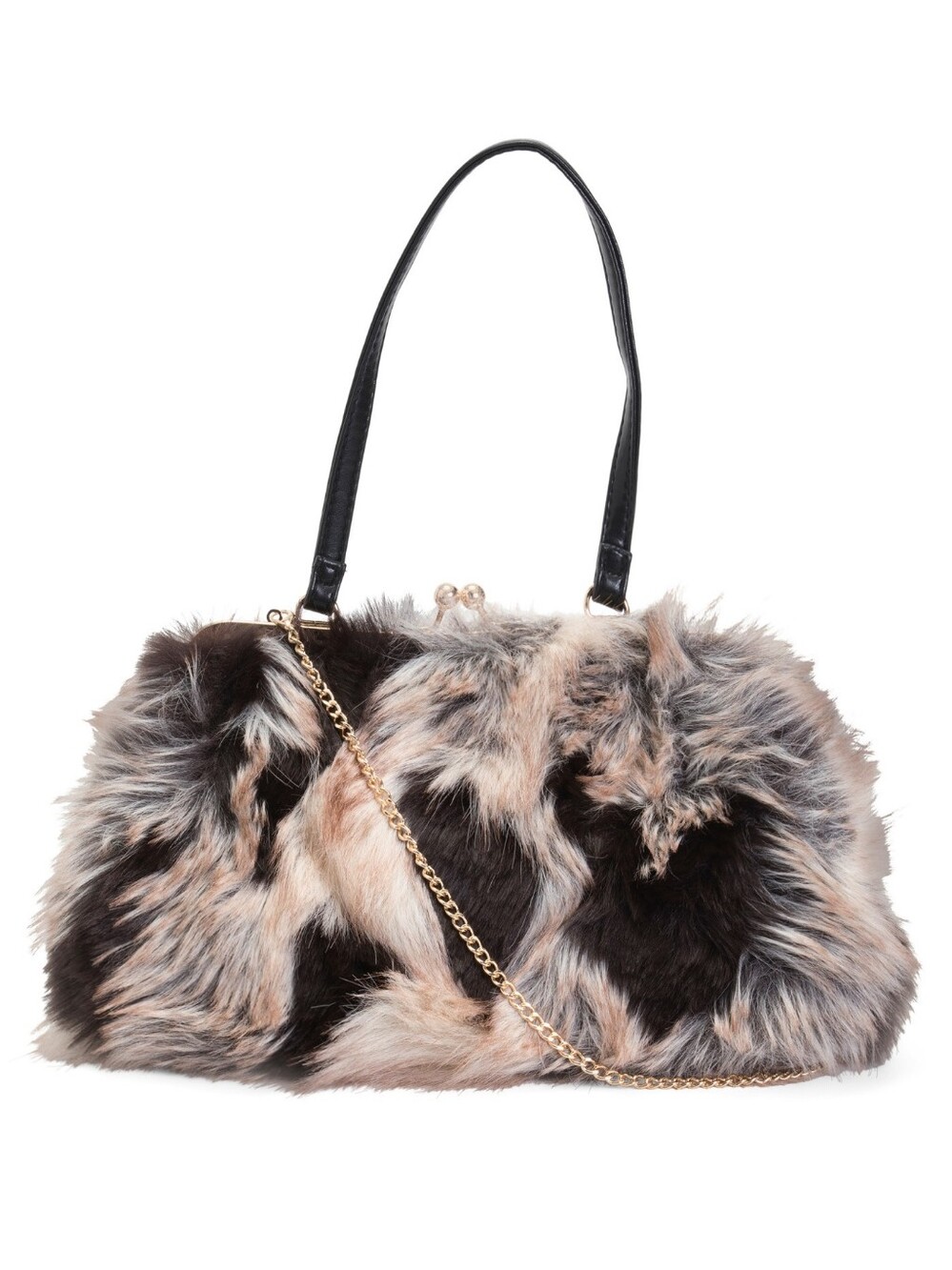 Plush Faux Fur Multitone Shoulder Bag with Gold Chain